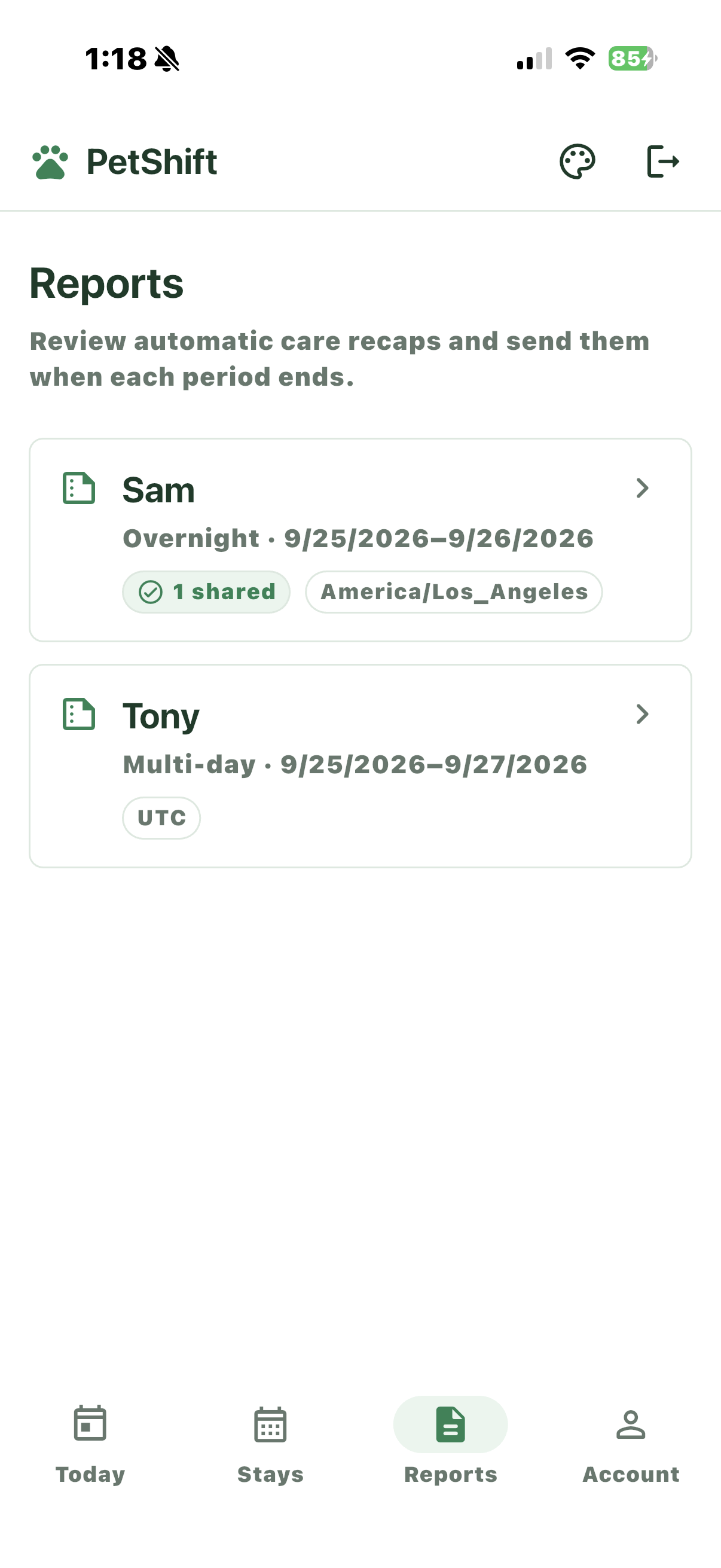 PetShift reports screen listing care summaries after stay periods.