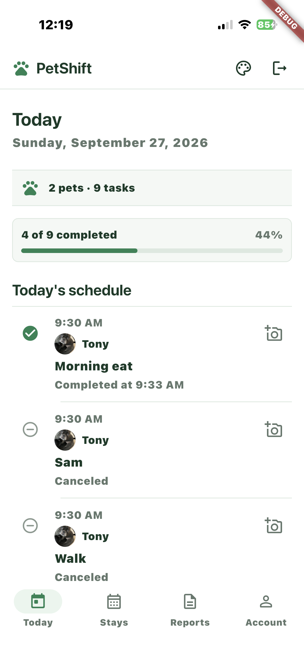 PetShift sitter schedule showing today's tasks and completion progress.