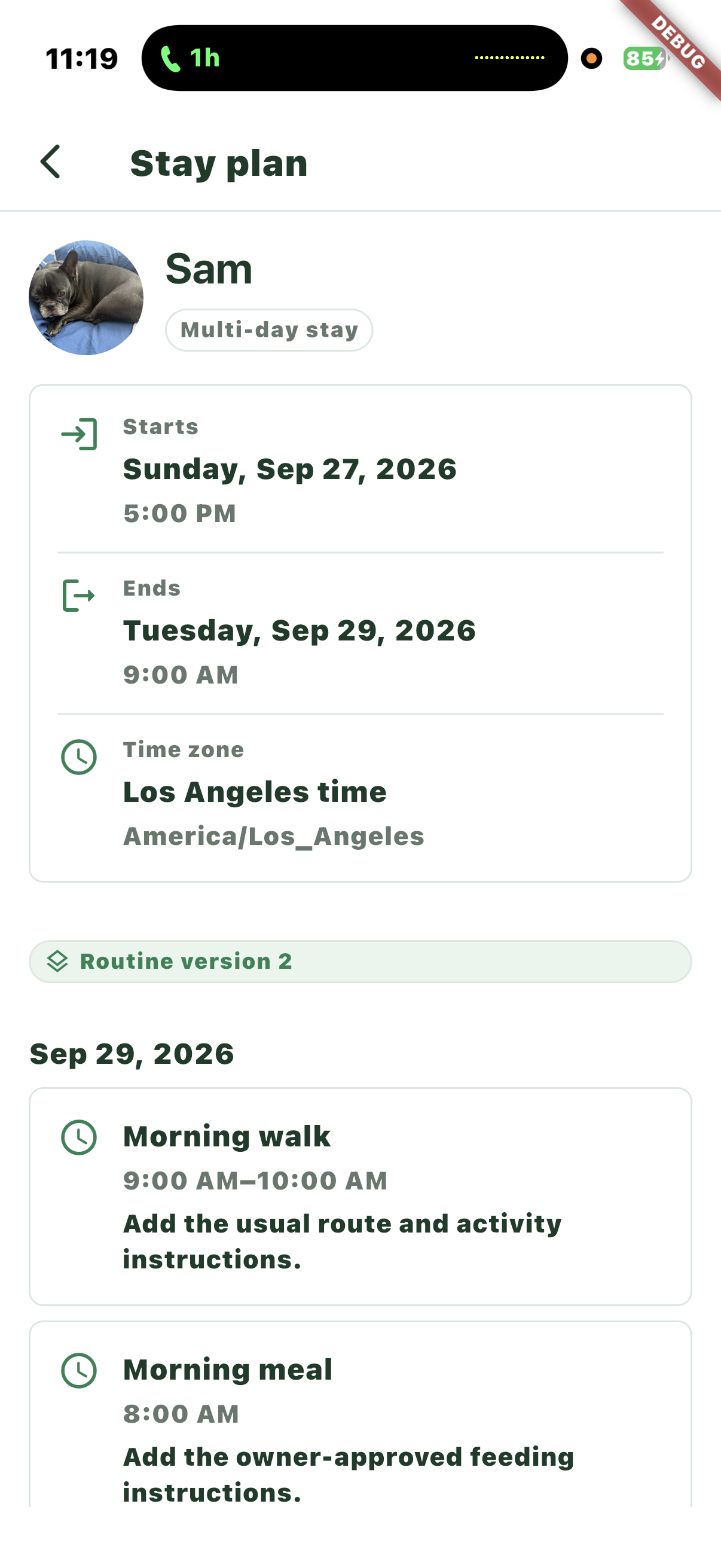 PetShift stay plan with pet details, stay times, and care instructions.